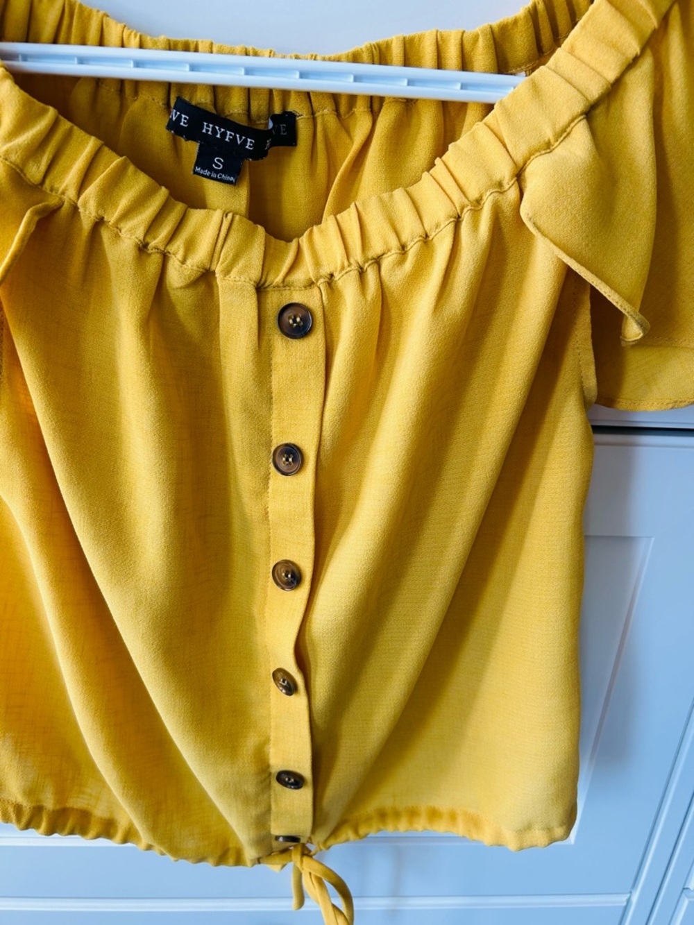 HYFVE Mustard Yellow Off-Shoulder Button Tie-Hem Top - Picture 4 of 9